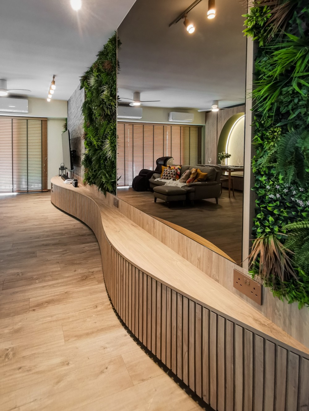 contemporary entryway with mirror and seating bench