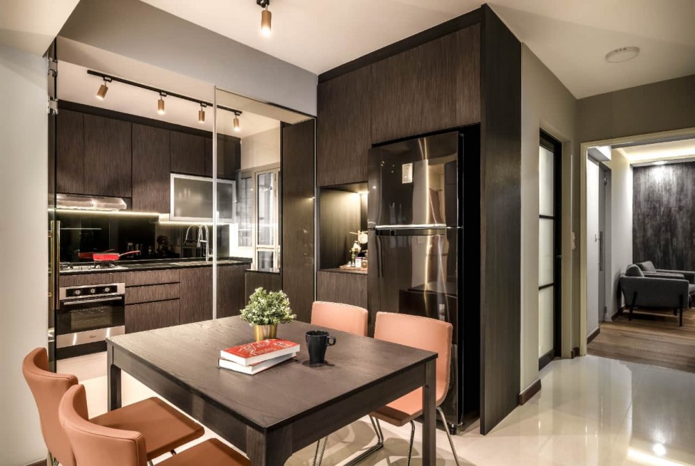 contemporary kitchen with countertop and glass door