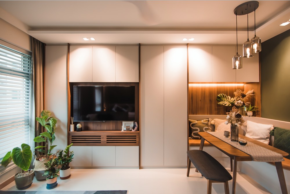 contemporary living room with homogeneous tiles and tv console 1