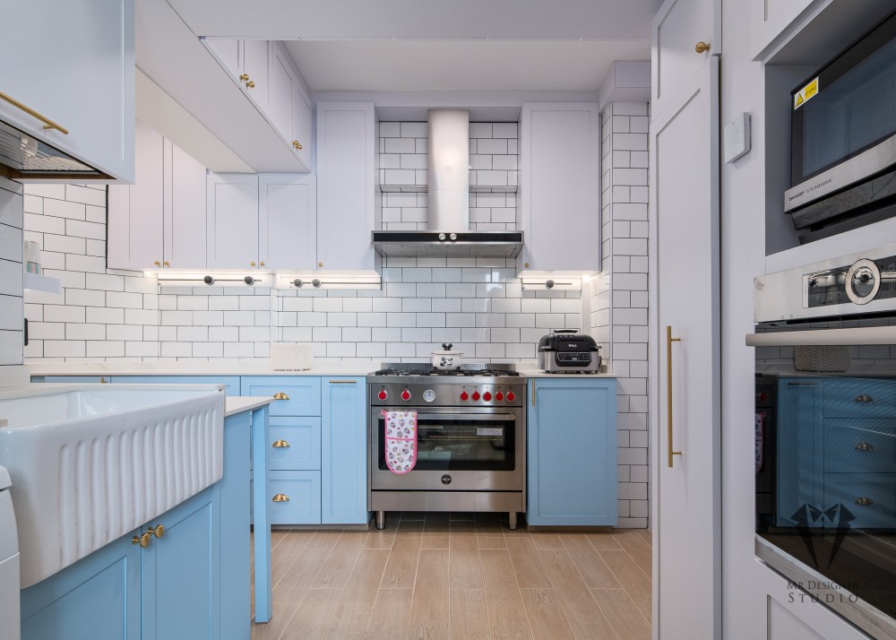 eclectic kitchen with countertop and homogeneous tiles