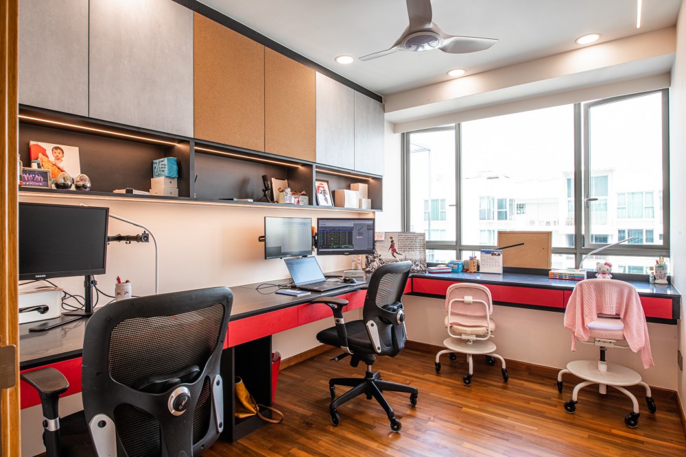 eclectic study with cove lighting and drop ceiling