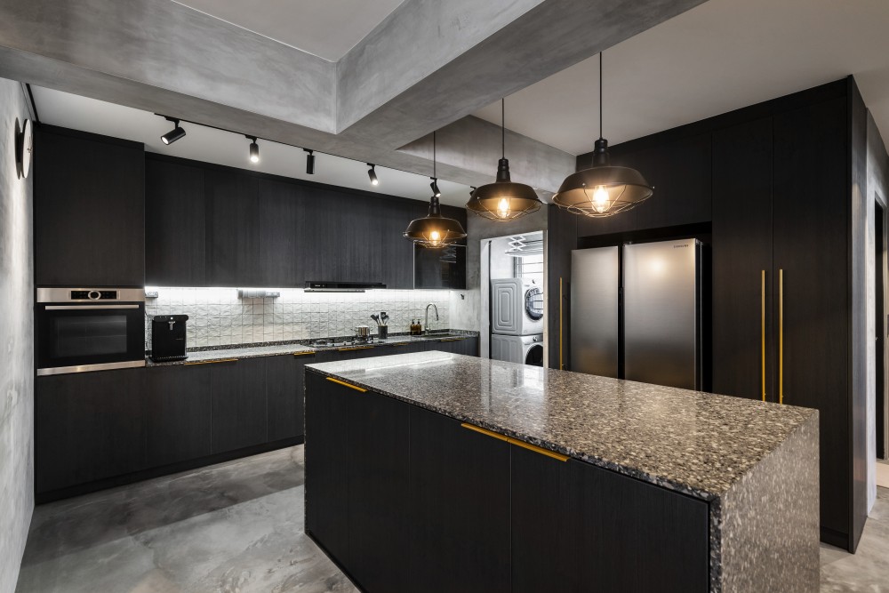 industrial kitchen with countertop and cement floor