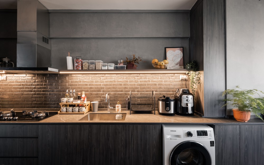 industrial kitchen with countertop and kitchen backsplash