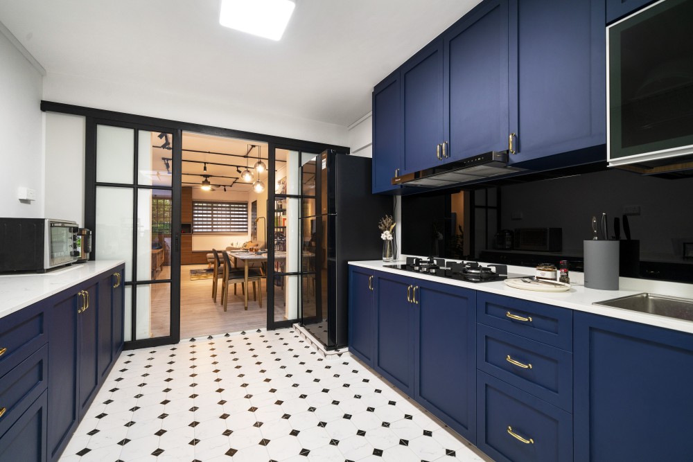 minimalist kitchen with countertop and glass door