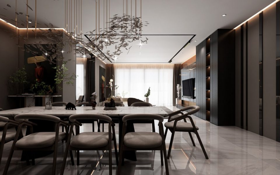modern dining room with cove lighting and dining table