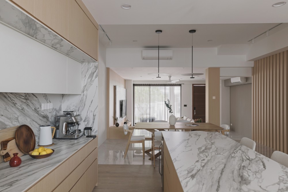 modern kitchen with countertop and kitchen island