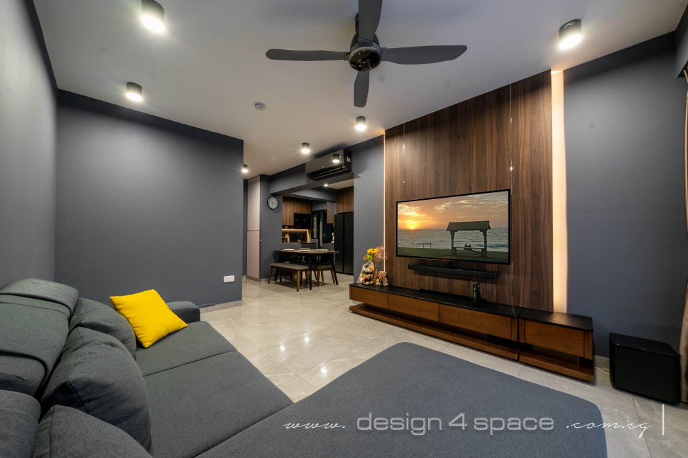 modern living room with homogeneous tiles and tv console