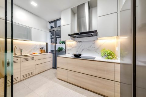 scandinavian kitchen with countertop and cupboard