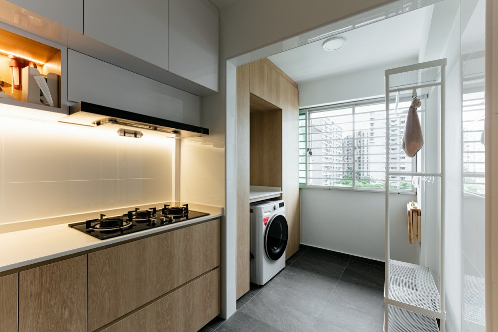 scandinavian kitchen with countertop and homogeneous tiles