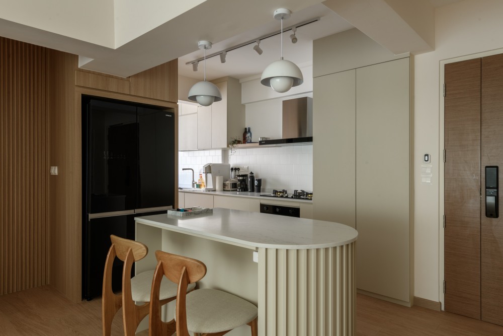 scandinavian kitchen with countertop and vinyl flooring