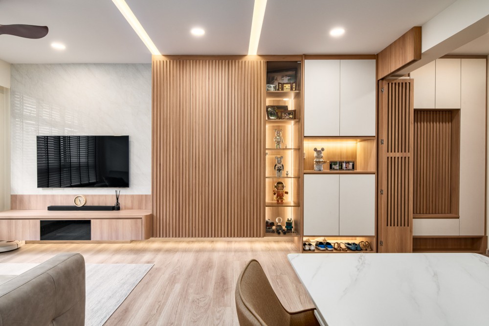 scandinavian living room with bookshelf and vinyl flooring