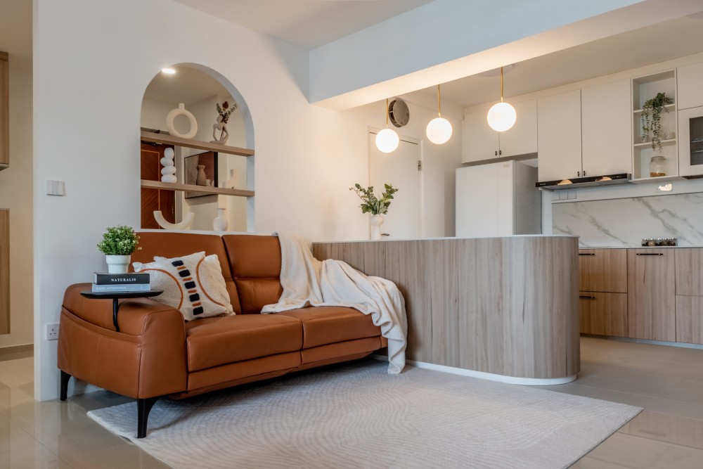 scandinavian living room with feature wall and sofa