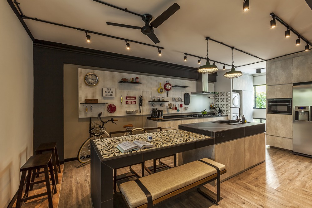 vintage kitchen with countertop and homogeneous tiles