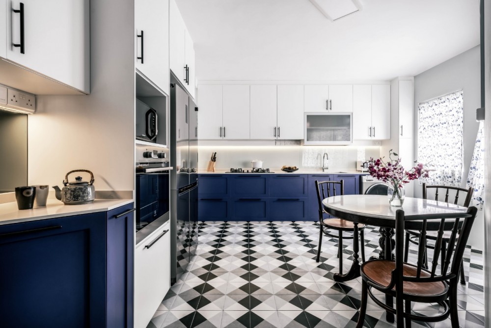 vintage kitchen with downlights and dining table