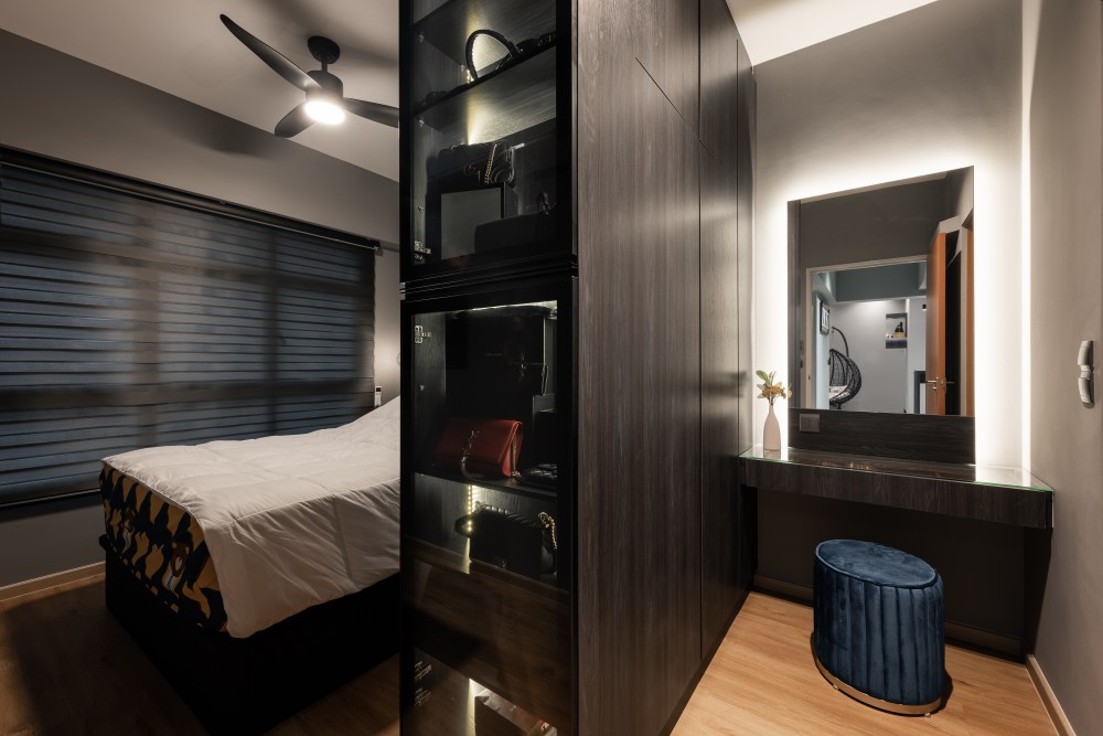 contemporary bedroom with wardrobe and roller blinds