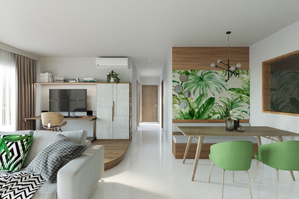 contemporary study with bookshelf and chandelier