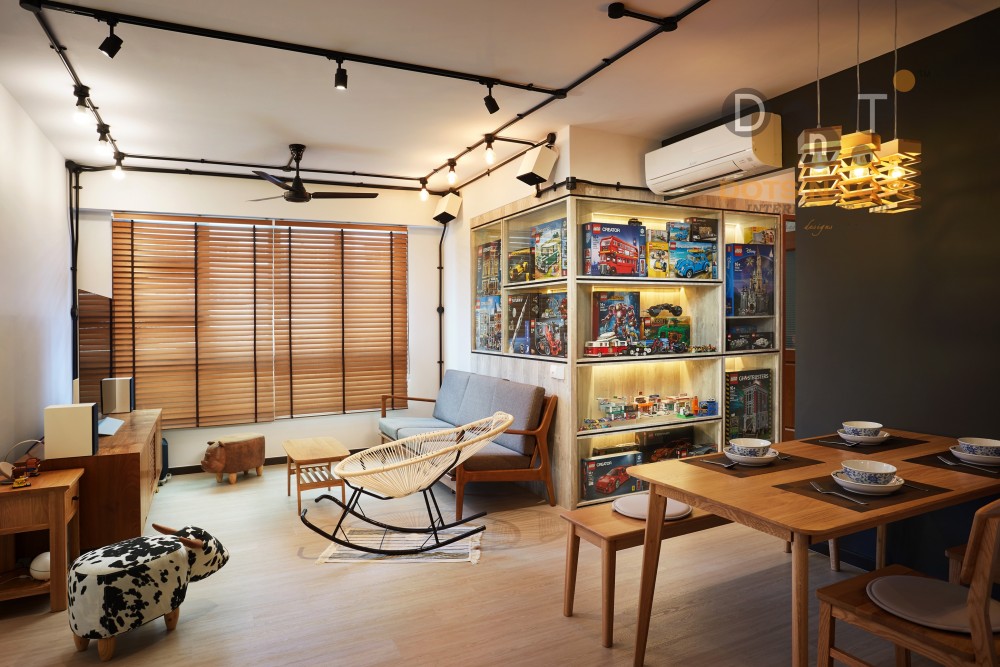 eclectic living room with tv console and feature wall