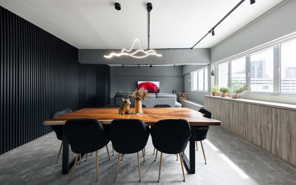 industrial dining room with feature wall and dining table