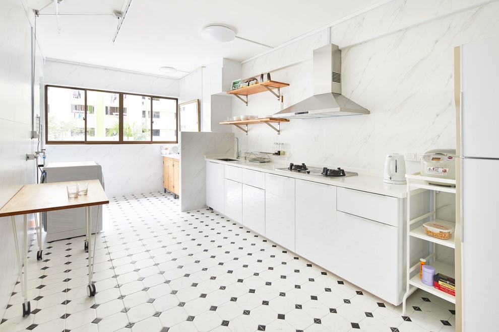 minimalist kitchen with wood flooring and kitchen window