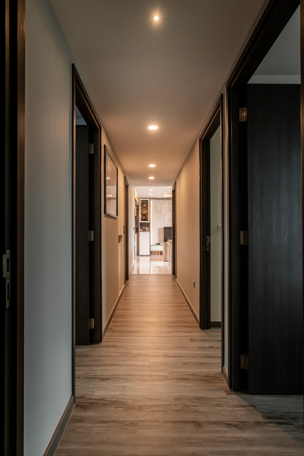 modern bedroom with vinyl flooring and drop ceiling