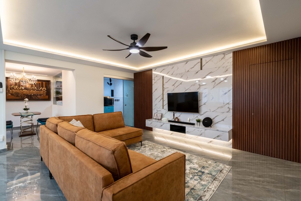 modern living room with countertop and vinyl flooring