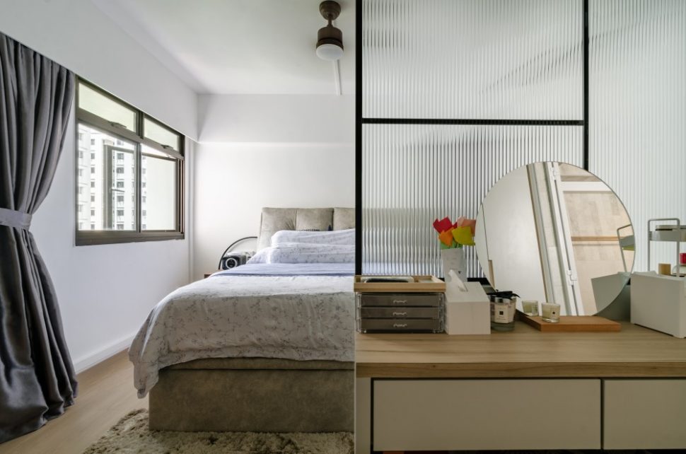 scandinavian bedroom with vinyl flooring and bedside table