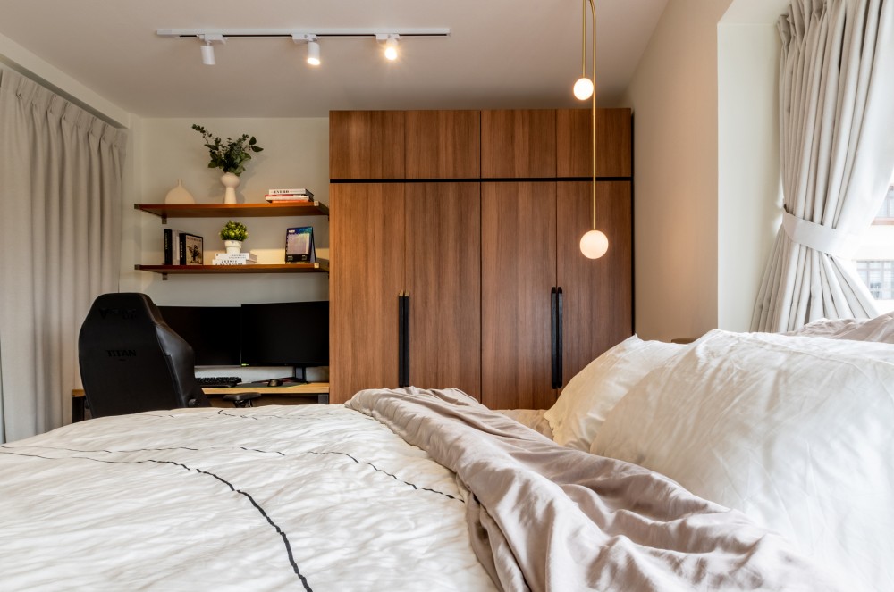 scandinavian bedroom with wardrobe and curtain