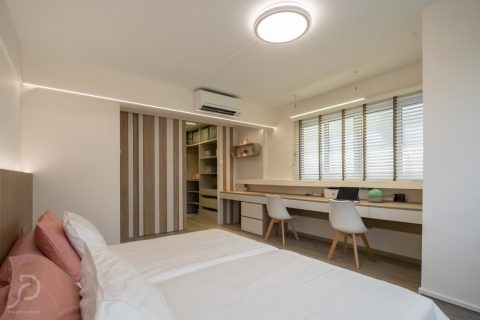 scandinavian bedroom with wood flooring and wardrobe