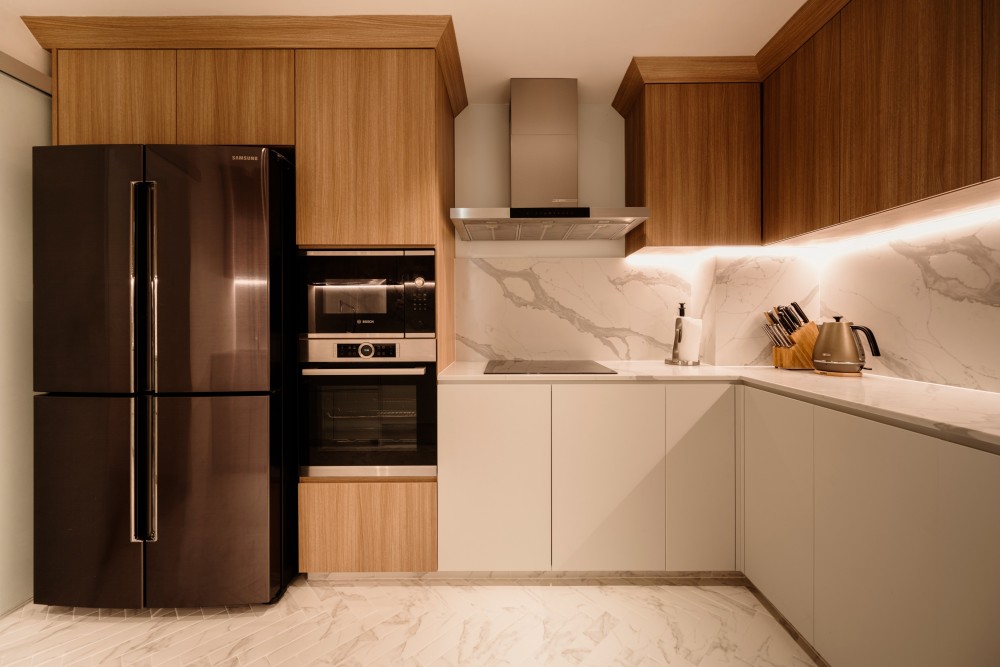 transitional kitchen with countertop and herringbone tiling