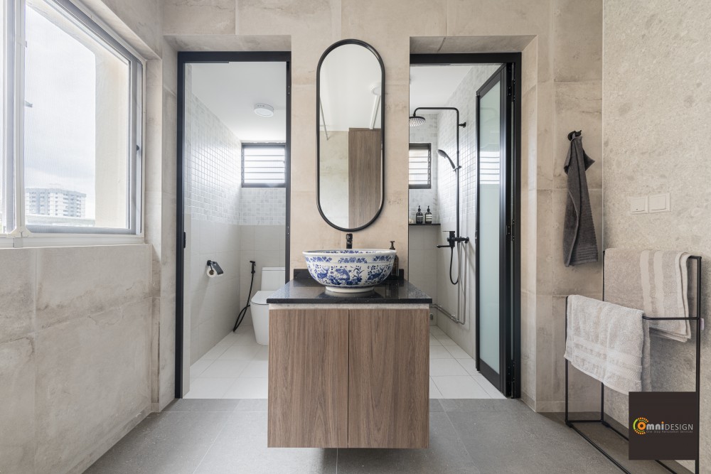 contemporary bathroom with homogeneous tiles and drying racks