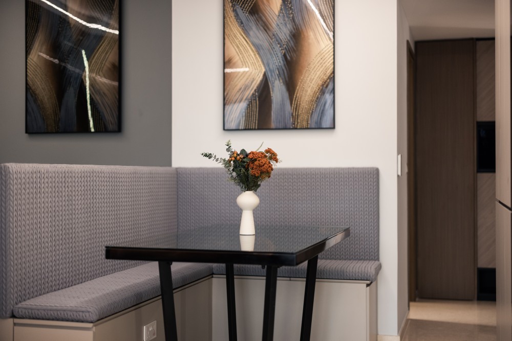 contemporary dining room with marble floor and dining table