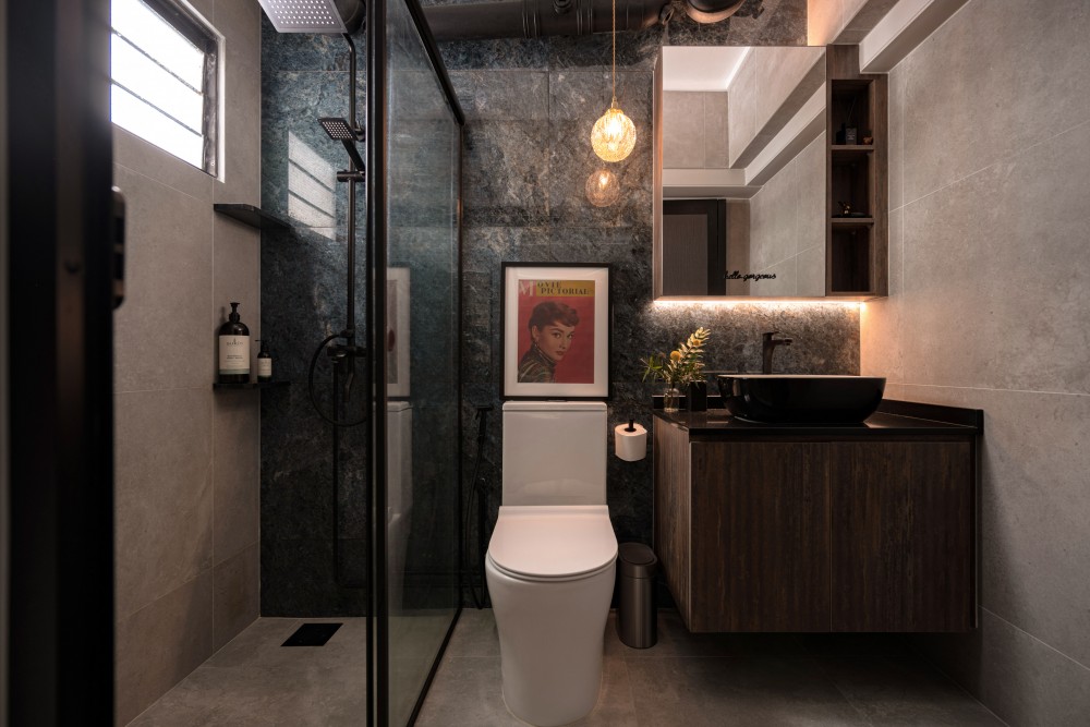 industrial bathroom with mirror and shower screen