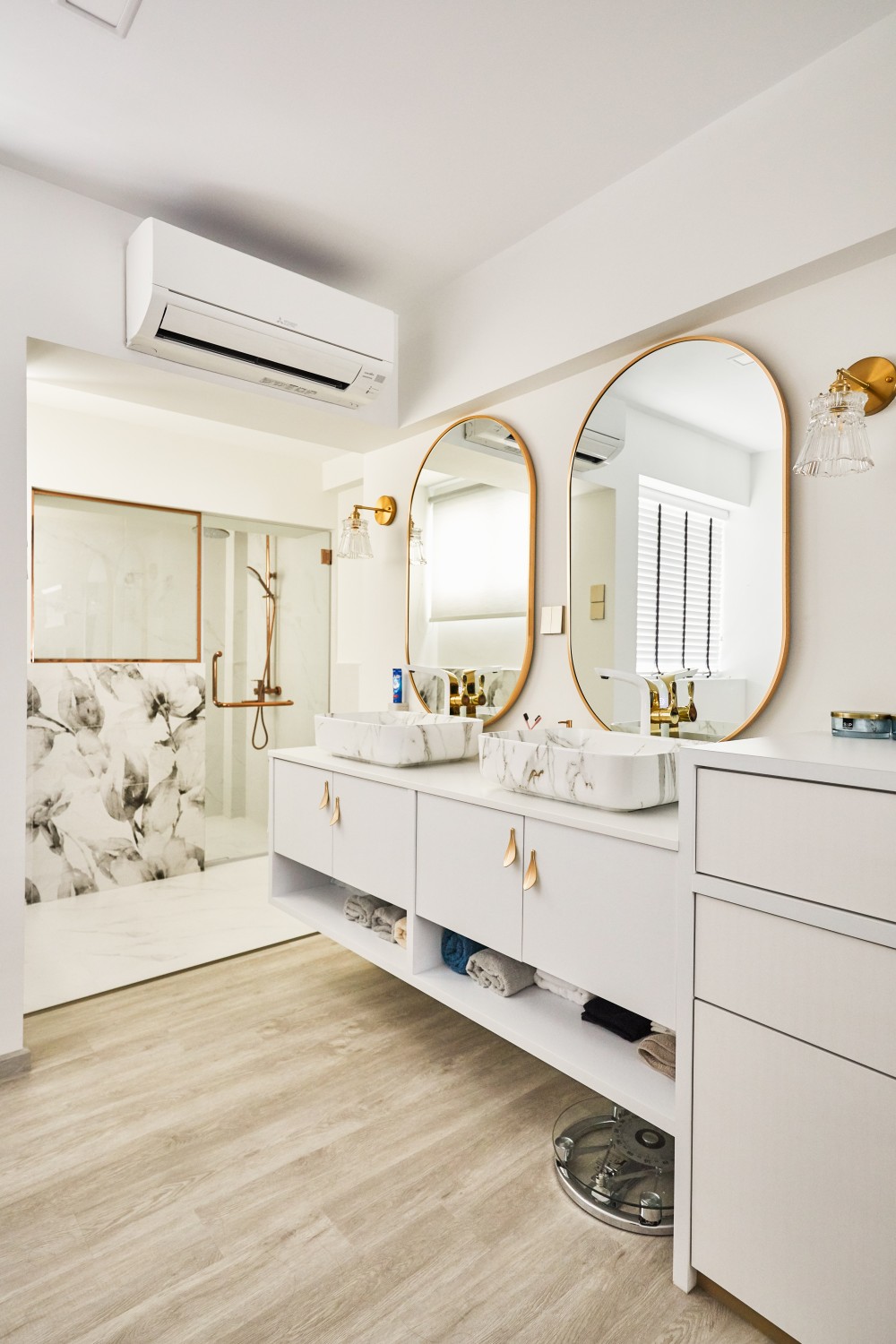 modern bathroom with mirror and vanity counter