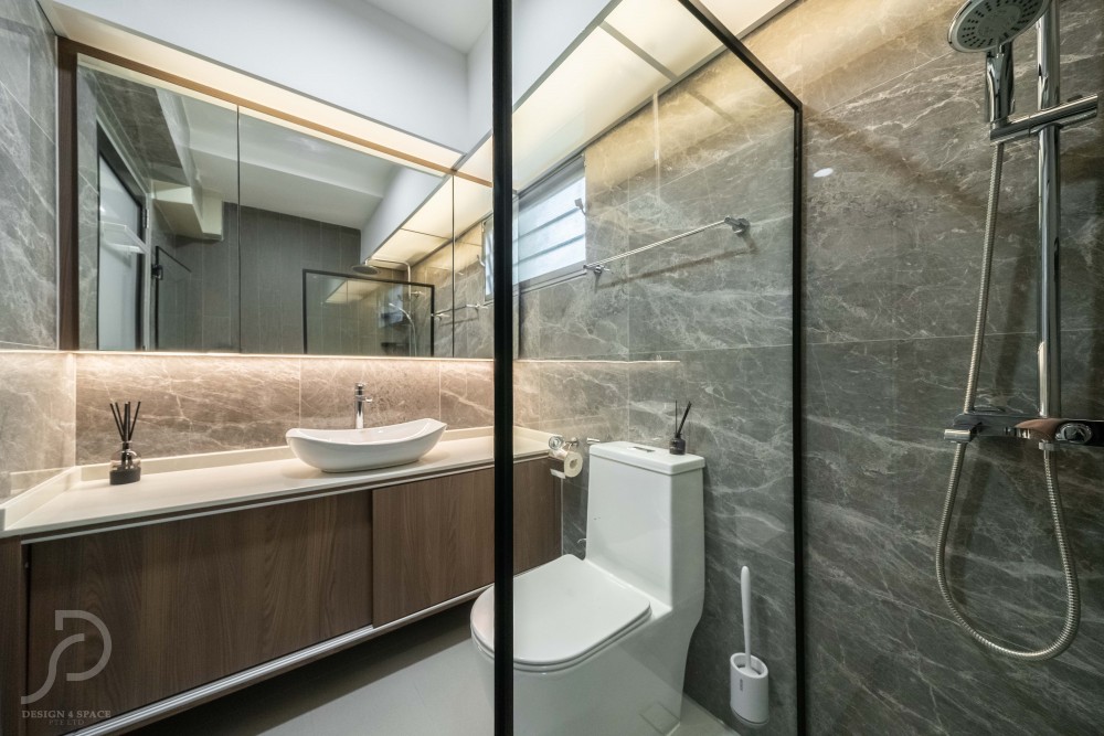 modern bathroom with vinyl flooring and wood flooring