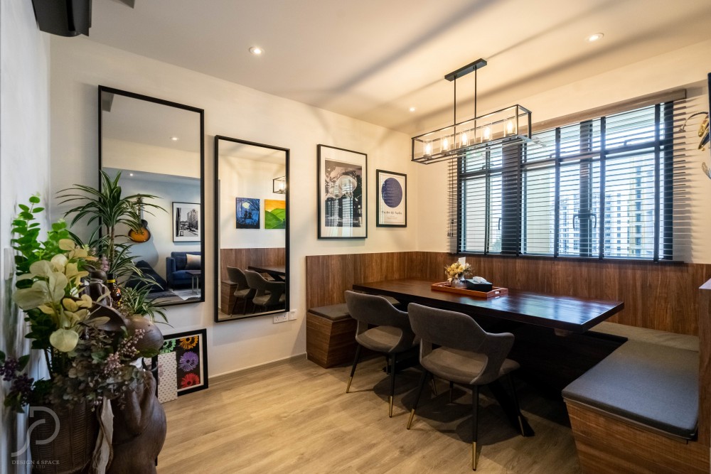 modern dining room with ceiling light and downlights