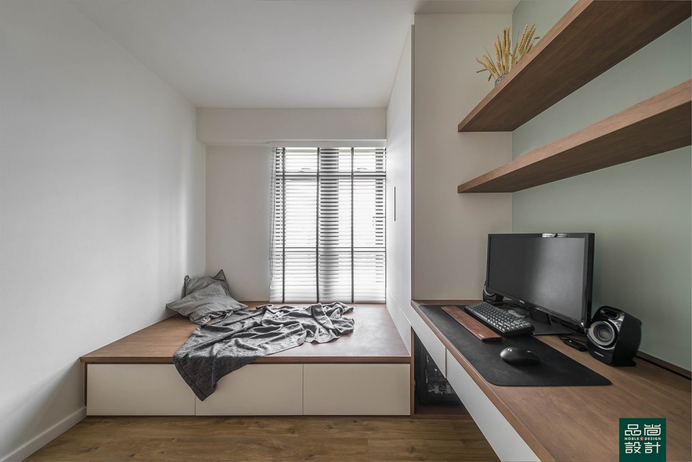 modern study with vinyl flooring and storage cabinets