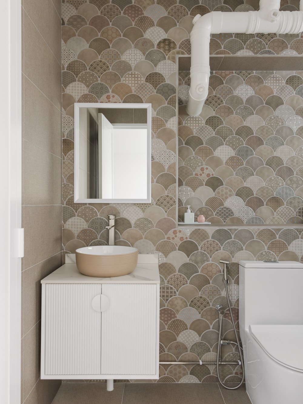 scandinavian bathroom with feature wall and mirror