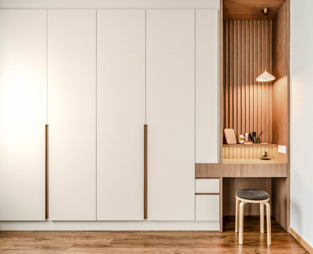 scandinavian walk in wardrobe with mirror and wardrobe