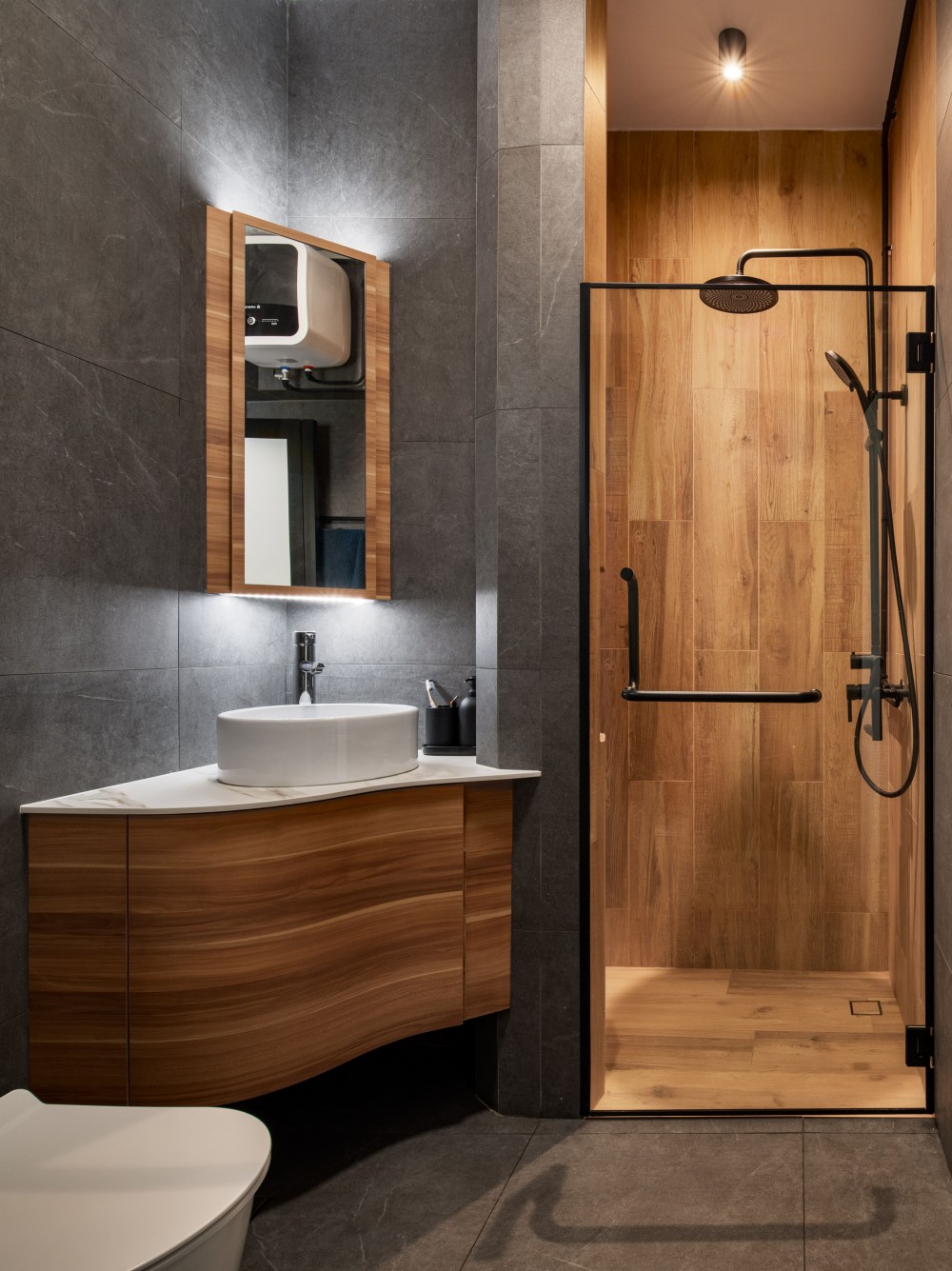 eclectic bathroom with vinyl flooring and bathroom storage