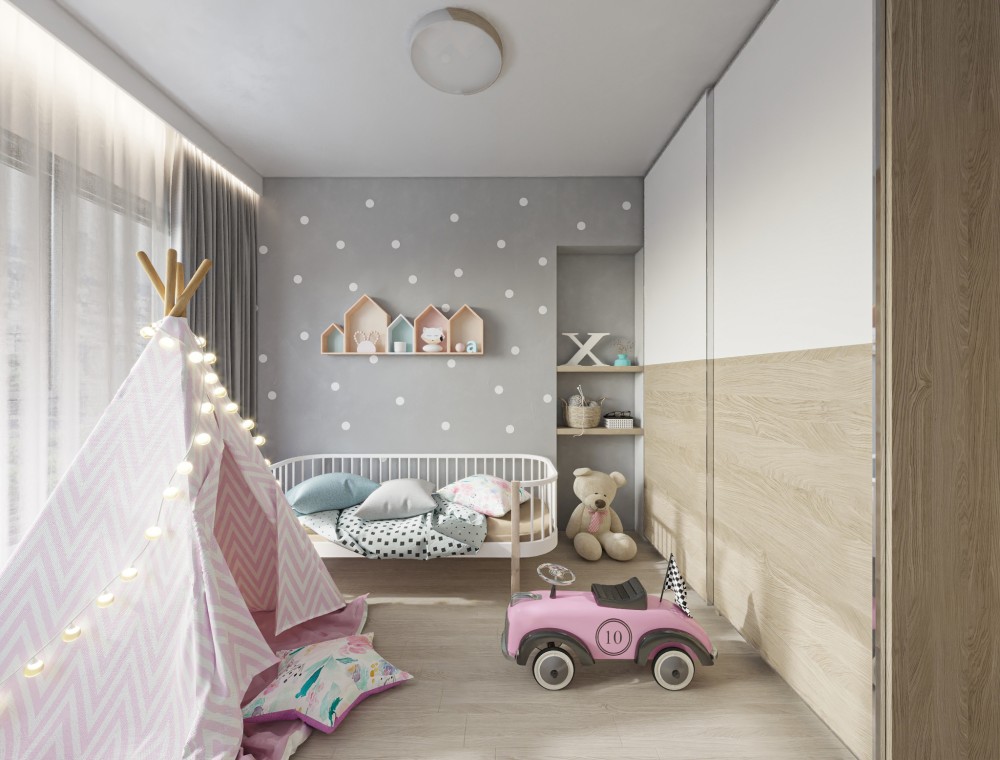 minimalist kids room with bookshelf and toys2