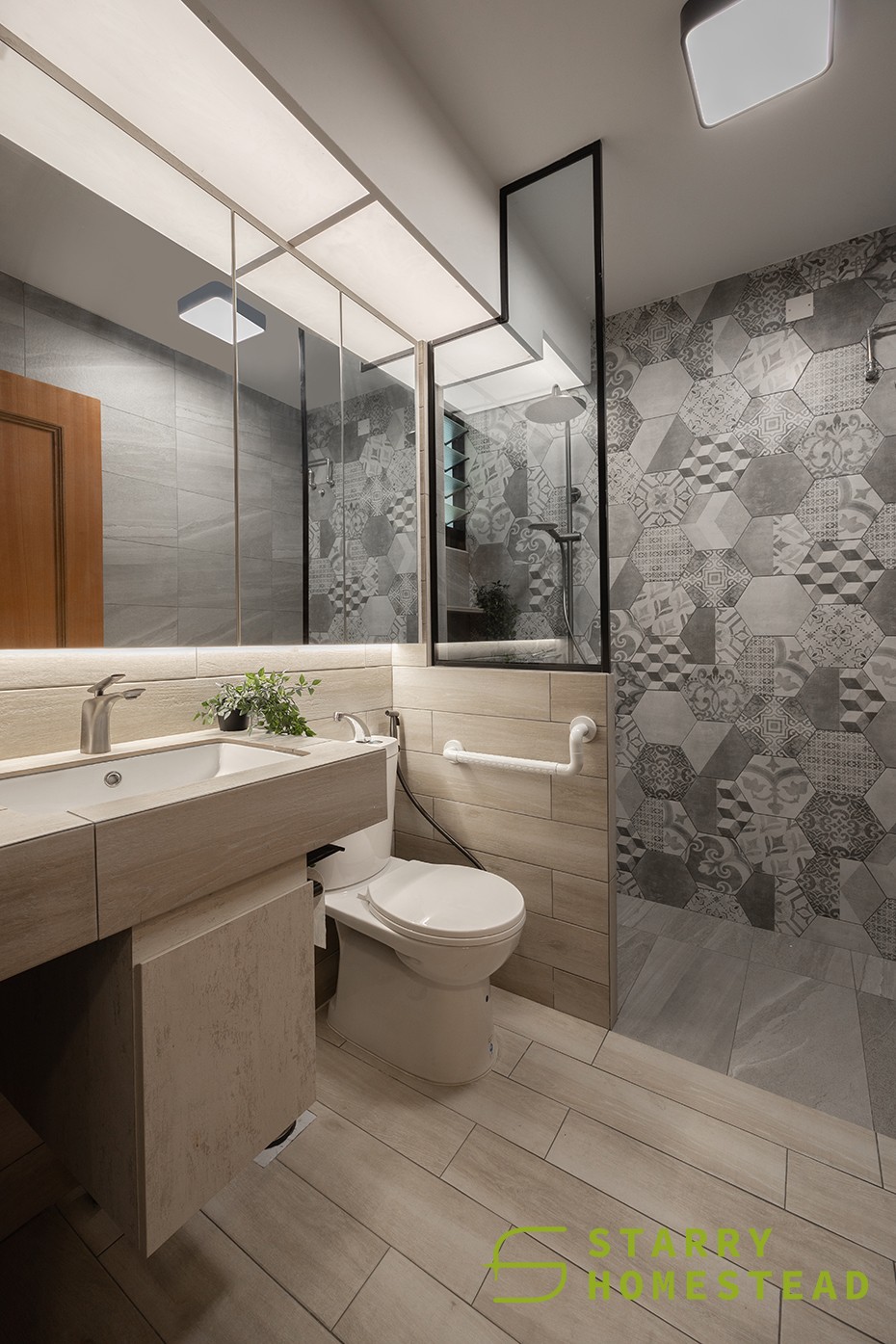 modern bathroom with wood flooring and mirror