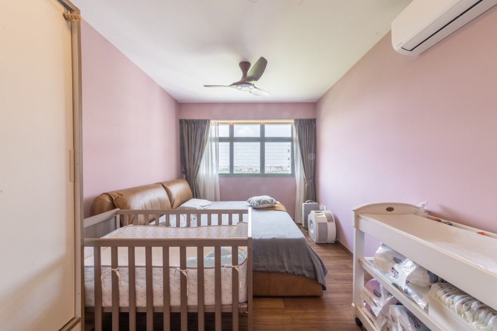 modern bedroom with wardrobe and ceiling fan