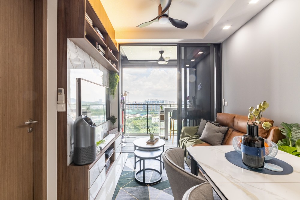 modern living room with tv console and drop ceiling