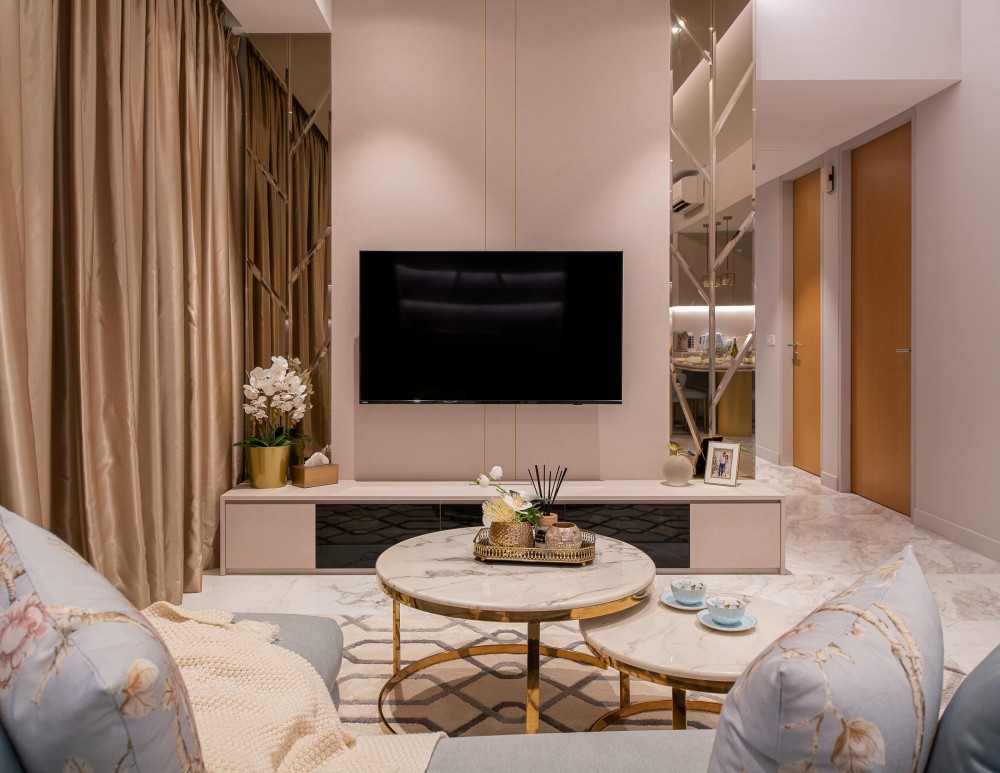 modern living room with tv console and mirror