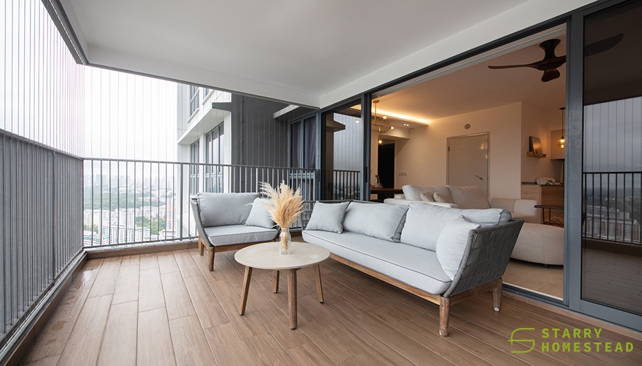 scandinavian balcony with bay window and window seat