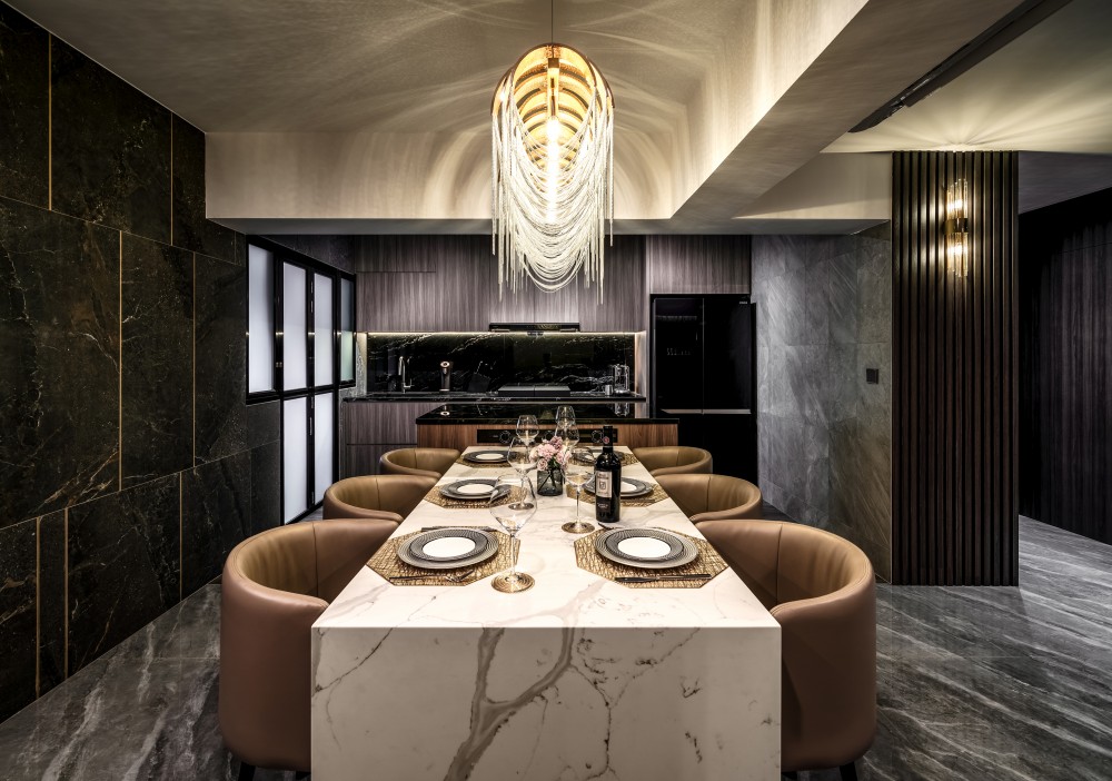 modern dining room with chandelier and dining table 2