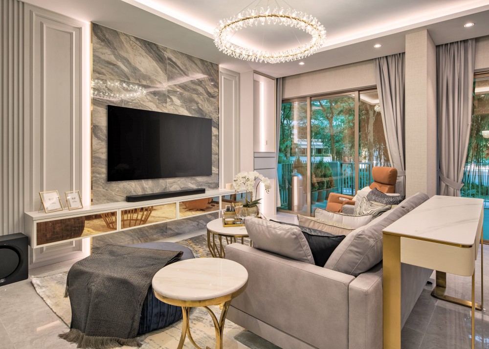 modern living room with homogeneous tiles and tv console