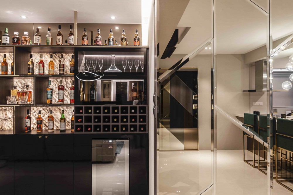 modern wine cellar with bar counter and seating bench