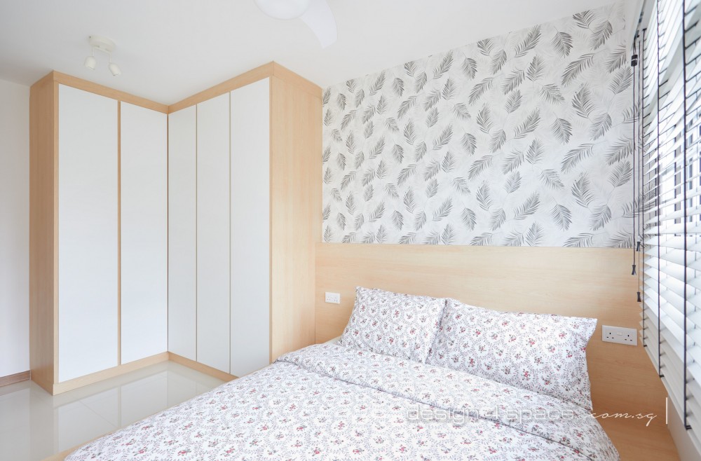 scandinavian bedroom with built in bed and downlights