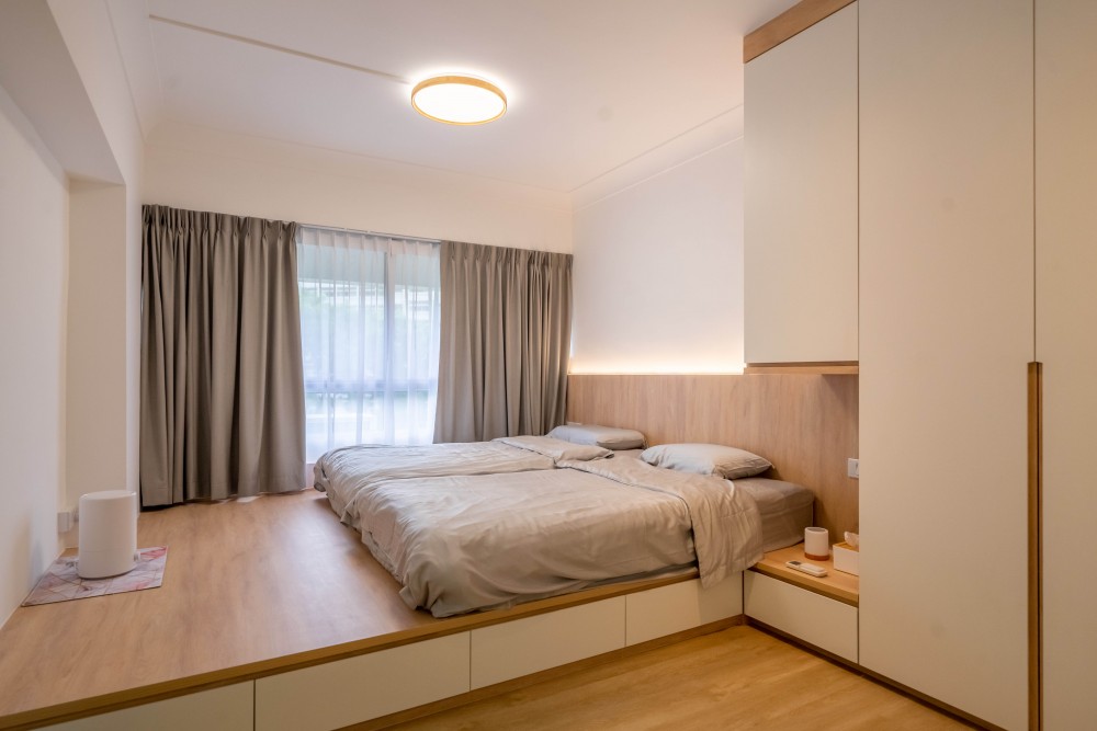 scandinavian bedroom with platform bed and vinyl flooring